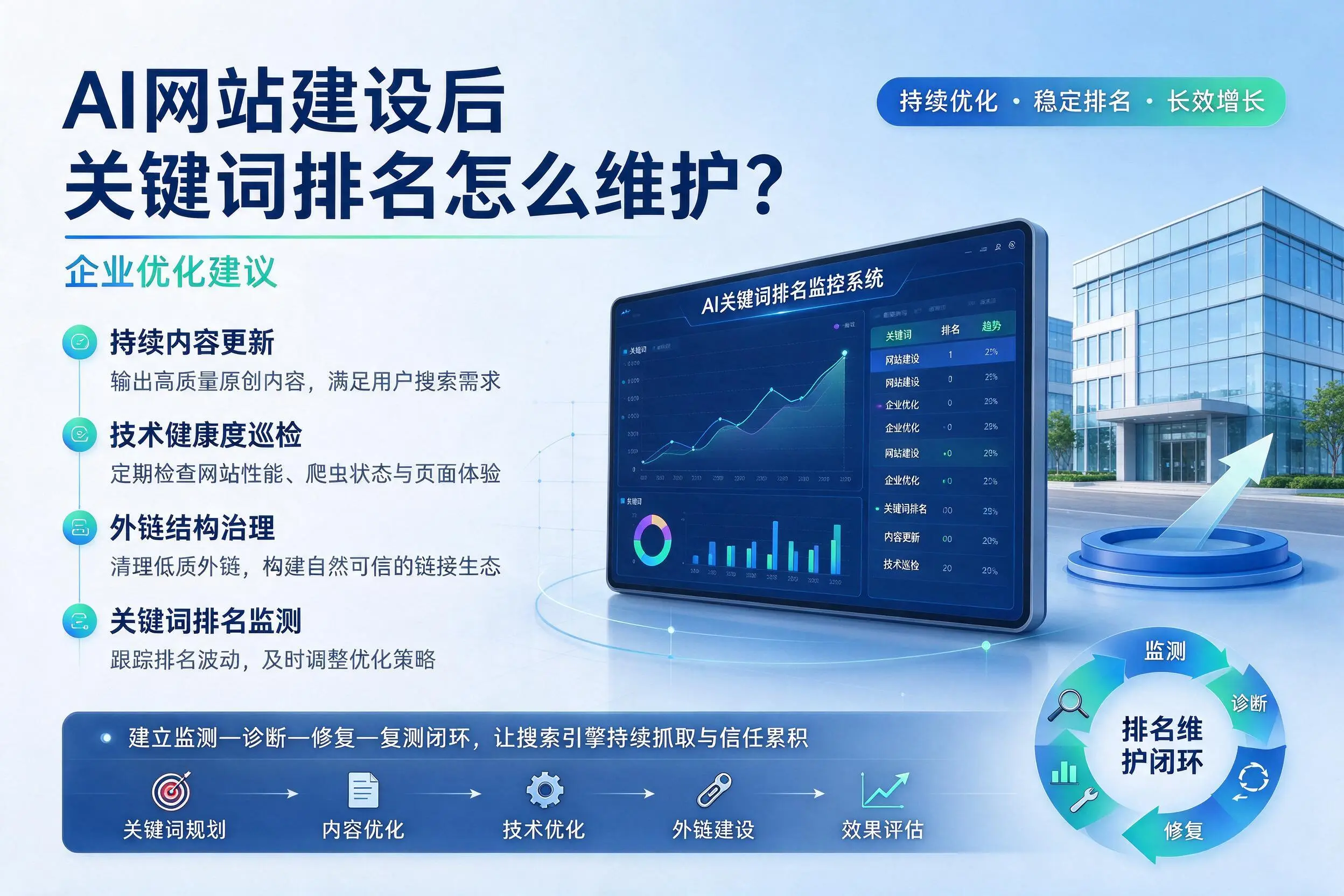 AI网站建设后关键词排名怎么维护?琼海企业优化建议