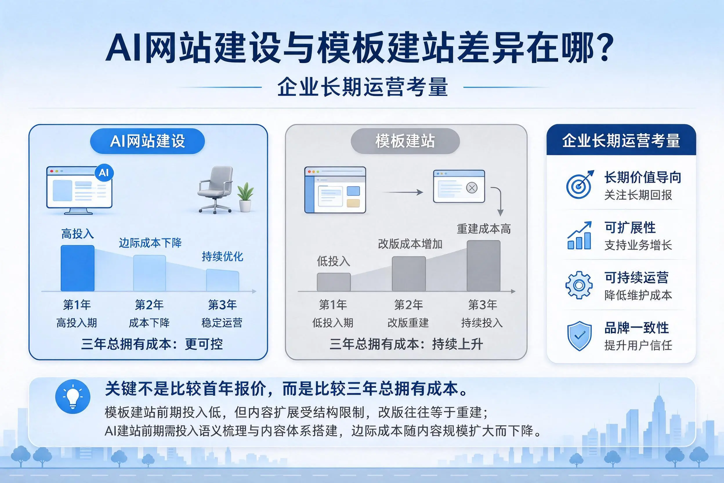 AI网站建设与模板建站差异在哪？琼海企业长期运营考量